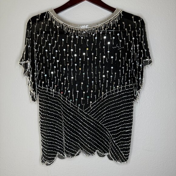 Vintage 90s Sheer Black Silver Beaded Sequin Dressy Top| Size Medium - Picture 8 of 9